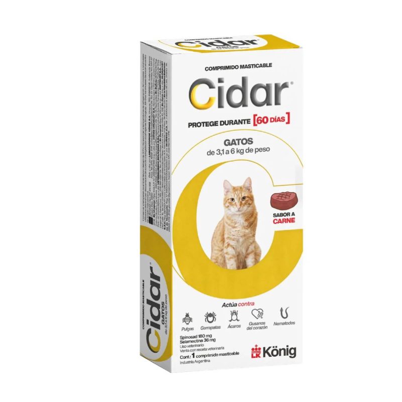 Pastilla Gato Interna Externa Antipulgas Cidar 3.1/6Kg (60 dias)